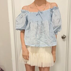 NANING9 | Smocked Off Shoulder Babydoll Blouse | Sky Blue | XS/S | NWOT